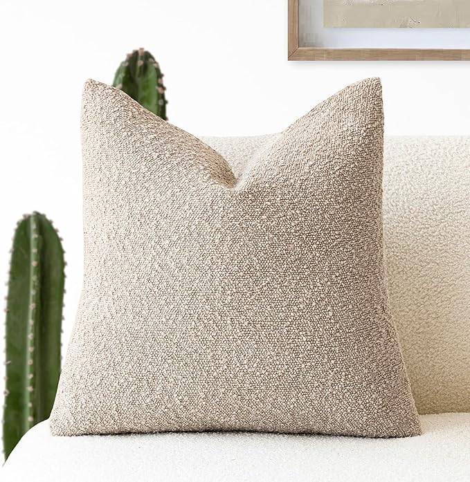 Foindtower Decorative Textured Boucle Throw Pillow Covers Accent Solid Pillow Cases Neutral Soft Cozy Couch Cushion Case for Chair Sofa Bedroom Living Room Home Decor 24 x 24 Inch,Beige Oatmeal