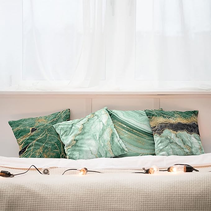 Ambesonne Marble Print Throw Pillow Cushion Case Pack of 4, Abstract Look Nature Stone Ornaments Modern with Minty Details Print, Modern Accent Double-Sided Digital Printing, 24", Jade Green Dark Grey