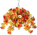 Artificial Fake Fall Flowers with Hanging Basket Plants for Outdoor Decoration, Silk Faux Flower UV Resistant Petunias for Home Porch Patio Garden Balcony Yard Decor Real Looking(Orange White)