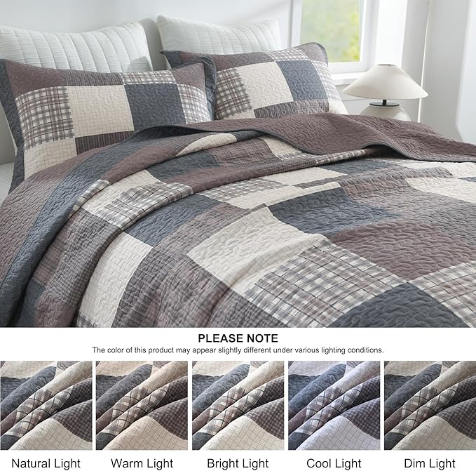 Quilts King Size - Plaid Design Modern Quilt Set with Matching Shams, 3 Pieces 100% Cotton King Quilt Bedding Set, Reversible Bedspread Coverlet for All Season, Gray/Brown/Beige