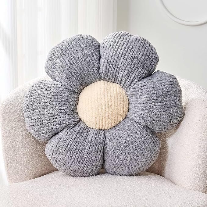 Flower Throw Pillow, Soft Grey 17.7" Shaped Floor Pillow for Home Decor, Cute Aesthetic Plush Decorative Pillows for Bed, Sofa, Couch