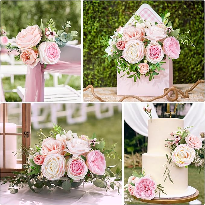 AmyHomie Blush Pink Artificial Flowers Combo Silk Rose Fake Flowers w/Stem for DIY Wedding Bouquets Centerpieces Arrangements Table Fall Decor Party Bridal Baby Shower Home Decorations
