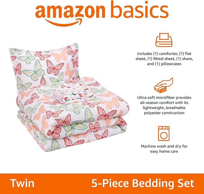 Amazon Basics Kid's Soft, Easy Care Microfiber Bed-in-a-Bag 5-Piece Bedding Set, Twin, Butterfly Friends