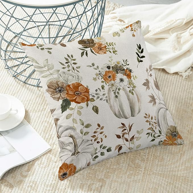 Fall Pillow Covers 20 x 20 Inch, Watercolor Grey Pumpkin Floral Leaf Decor Throw Pillows for Home Couch Bed, Autumn Harvest Thanksgiving Decorative Pillowcase Linen Cushion Cover Set of 2
