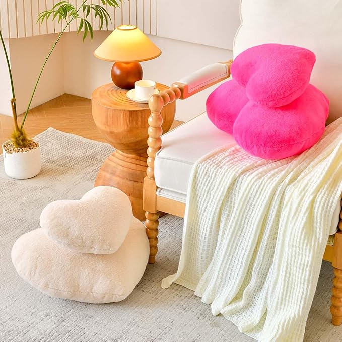 Beige Heart Pillows, Cute Heart Decorative Pillow, Heart Shaped Throw Pillows for Bed, Faux Rabbit Fur Plush Hoom Decor Pillow Cushion for Chair Sofa Living Room (Large-19.6"x15.7")