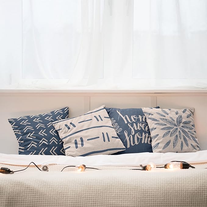 Ambesonne Modern Throw Pillow Cushion Case Pack of 4, Scandinavian Minimal Ornaments Boho Feather Leaves and Home Phrase, Modern Accent Double-Sided Digital Printing, 16", Pale Tan and Slate Blue