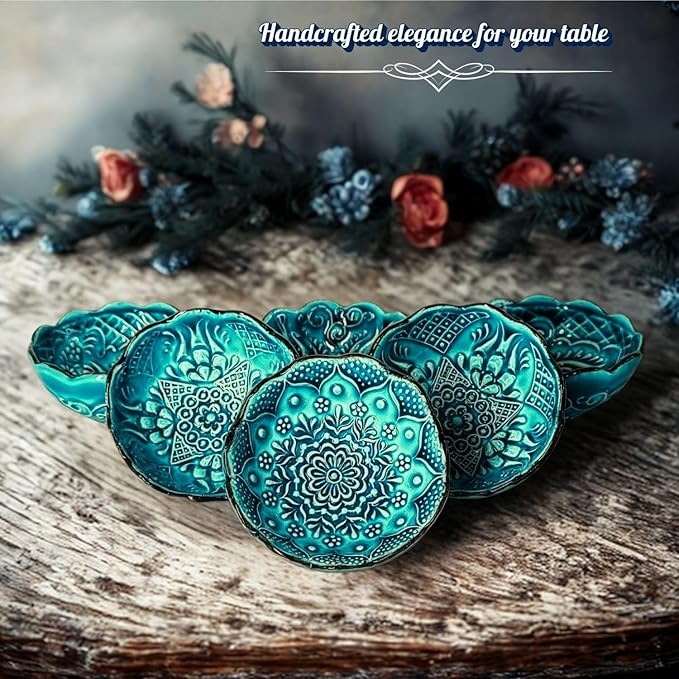 Handmade Decorative Turkish Ceramic Bowl Set of 6, Green Pinch Bowls for Dipping & Serving - Small Versatile and Unique Charcuterie Accessories, Mini Sauce Dish, Floral Pattern Snack Bowls