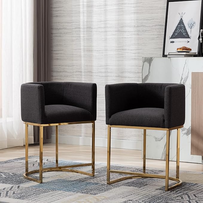 Modern Counter Height Linen Upholstered Bar Stools Set of 2, 24" Kitchen Counter Island Stools Bar Chairs with Gold Metal Frame for Kitchen Island, Charcoal