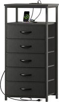 Huuger 5 Drawers Dresser with Charging Station, Dresser for Bedroom, Tall Night Stand, Chest of Drawers with Open Shelf, Bedside Table Nightstand, Fabric Storage Drawers, for Entryway, Black