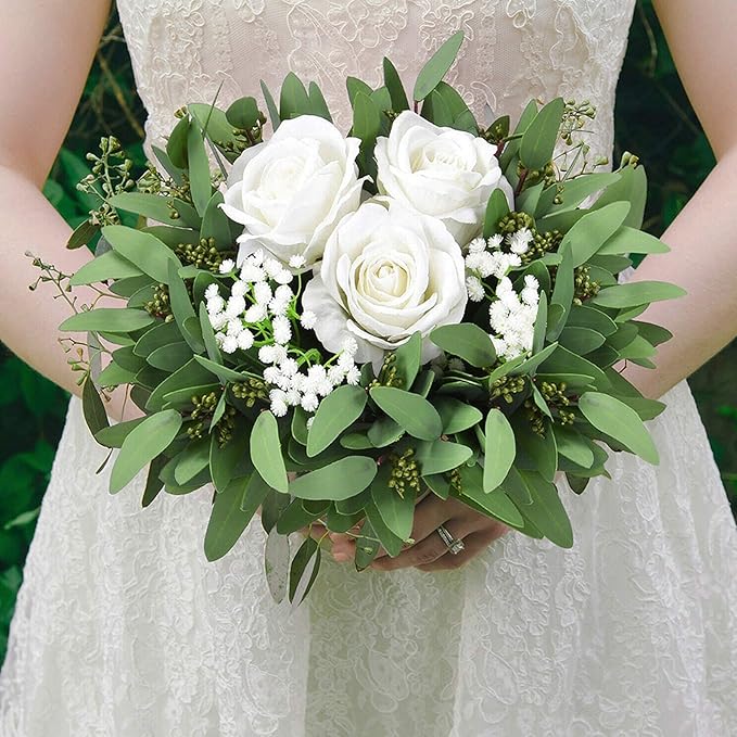 GREENTIME 8 Pack Faux Eucalyptus Stems with Seeds 13 Inches Artificial Seeded Leaves Branches Greenery Stems for Bridal Wedding Bouquet Vase Table Centerpiece Decor