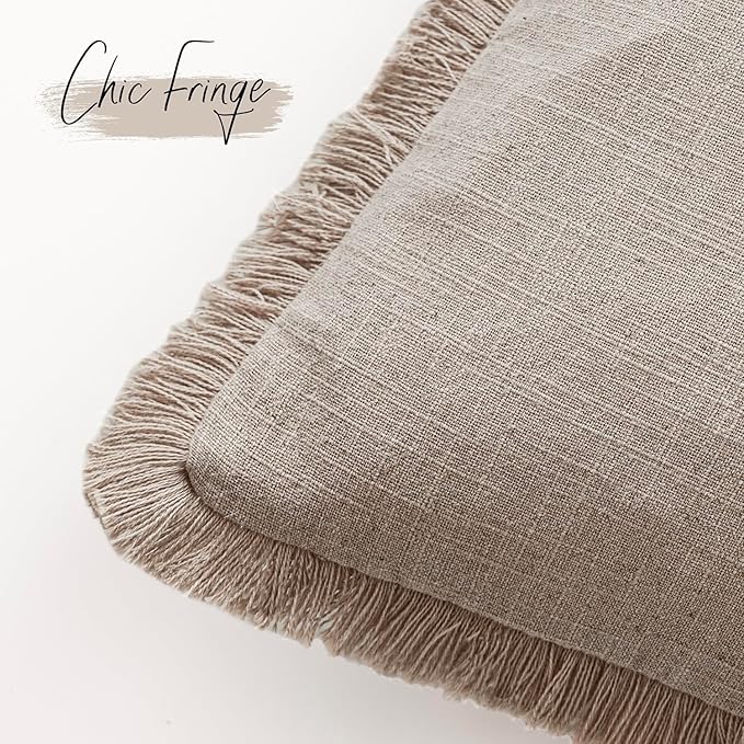 Foindtower Set of 2 Decorative Linen Fringe Lumbar Throw Pillow Covers Farmhouse Cushion Cover with Tassels Accent Pillowcase for Couch Sofa Bed Living Room Home Decor,12×20 Inch,Natural Linen