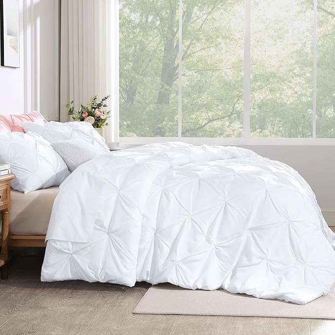 Andency White King Size Comforter Set(104x90Inch), 3 Pieces Cute Soft Pinch Pleat Bedding Comforters & Sets, All Season Lightweight Down Alternative Bed Set for Men Women