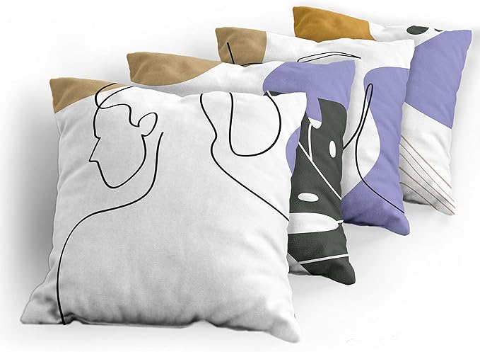 Ambesonne Minimal Throw Pillow Cushion Case Pack of 4, Modern Line Art Woman Portrait with Contemporary Leafy Geometric Details, Modern Accent Double-Sided Digital Printing, 18", Tan Amber Lavender