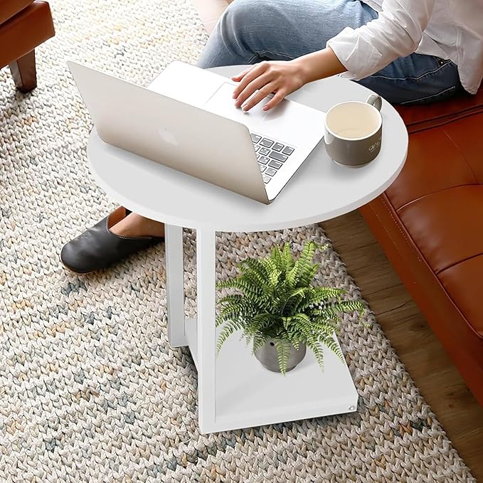 Hosfais Small Side Table End Table, C Shaped Oval Coffee Table, Wooden TV Tray for Living Room, Bedroom, Couch, Small Spaces (White)