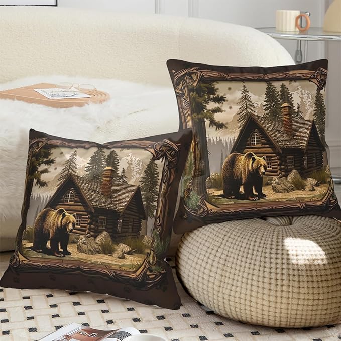 Cabin Pillow Covers 18x18 - Rustic Bear Deer Throw Pillow Covers Set of 2 Wildlife Woodland Pillowcases for Couch Sofa