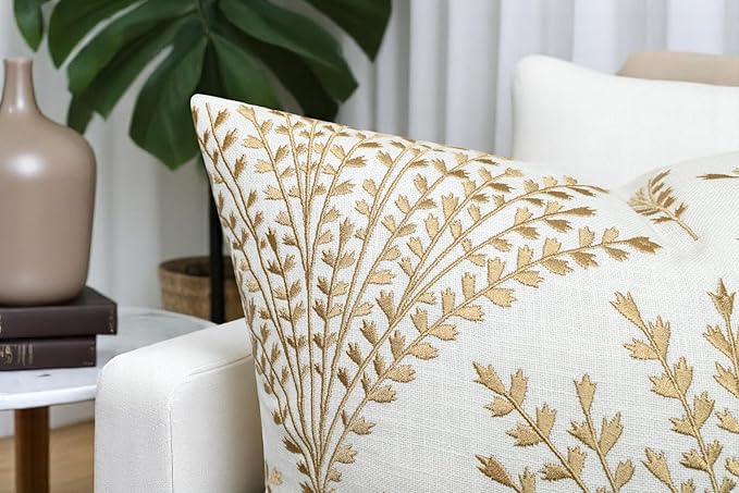 Rohan Leaves Embroiderd Decorative Square Accent Throw Pillow Cover - Sofa, Chair, Couch, Bedroom, Living Room, Farmhouse Home Decor - 20x20 Inches, Ivory