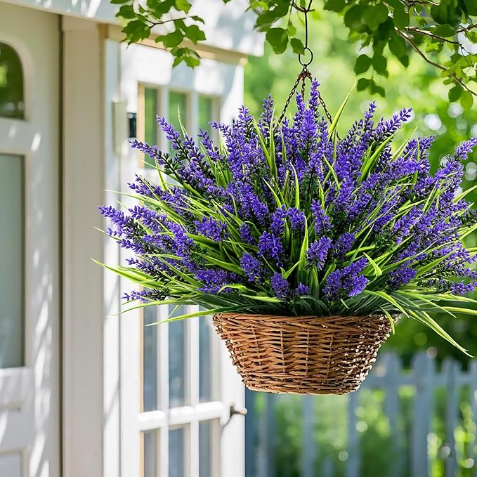 Geegoods 24 Bundles Artificial Plants Flowers Outdoor – Faux Lavender Flowers with Monkey Grass UV Resistant Plastic Faux Plants for Garden Porch Window Patio Hanging Planter Home Decor
