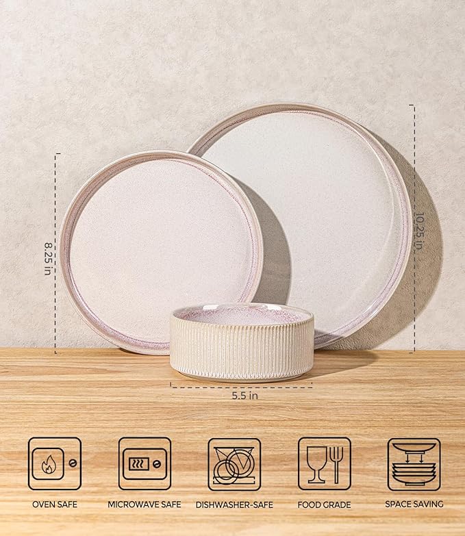 TheTerra Ceramic Dinnerware Sets for 8, 24 Pieces Porcelain Lightweight Speckled Plates and Bowls Sets, Scratch Resistant Dish Set, Oven & Microwave & Dishwasher Safe, Primrose Pink