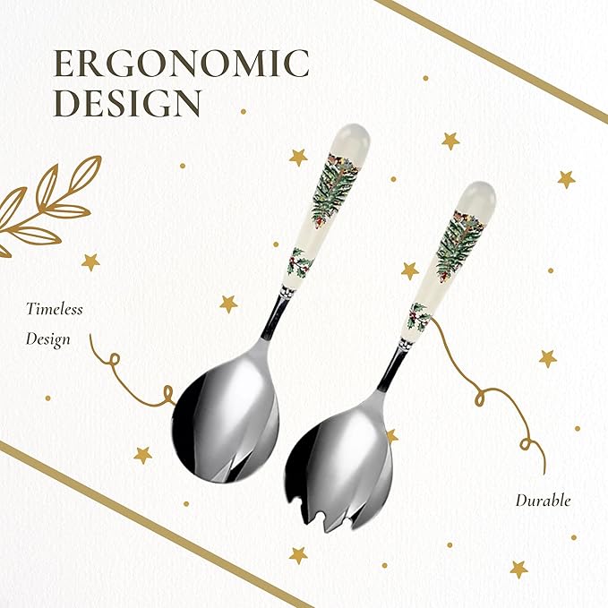 Spode Christmas Tree Salad Server Set (2-Piece) - 10 Inch Stainless Steel with Porcelain Handles, Festive Flatware for Holiday Dining - Dishwasher Safe, Seasonal Entertaining & Gift-Giving