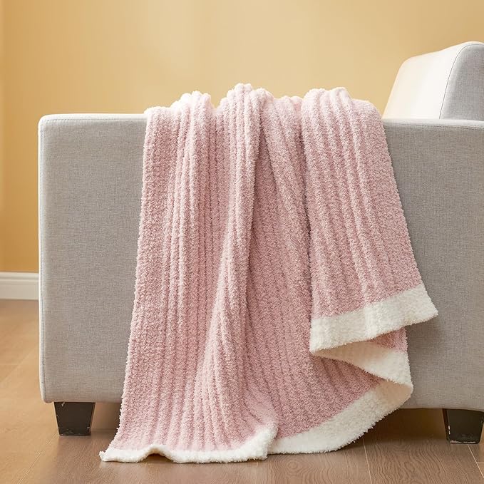 Snuggle Sac Luxury King Size Blanket for Bed, Cozy Soft Fuzzy Microfiber Knit Stripe Bedding Blankets, Pink, 108x90 inches
