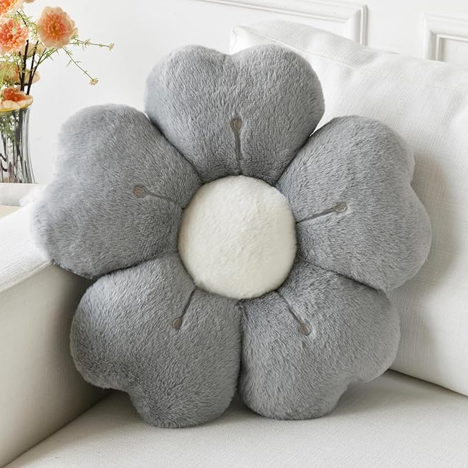 Flower Pillow, Flower Shaped Pillow Decorative Throw Pillows for Bed Couch, Cute Daisy Pillow Dorm Decor Floor Seating Cushion (Grey, 19.6 Inches)