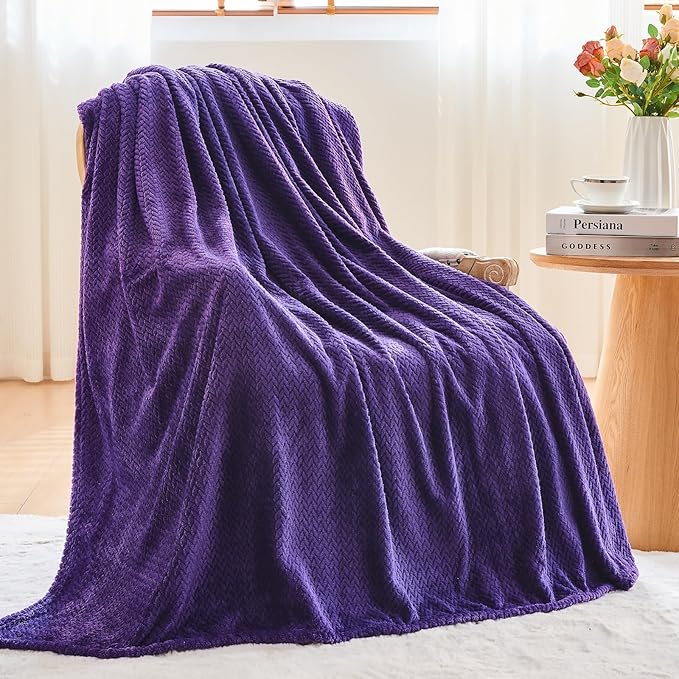 NEWCOSPLAY Super Soft Twin Blanket Dark Purple Premium Silky Flannel Fleece Leaves Pattern Lightweight Bed Blanket All Season Use (Dark Purple, Twin(60"x80"))