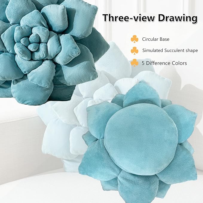 3D Plant Pillow 13.8'' Cute Flower Throw Pillow Blue Plant Shaped Decor Soft Unique Plush Decorative Pillow Throw Cushions for Bedroom Home Decorations