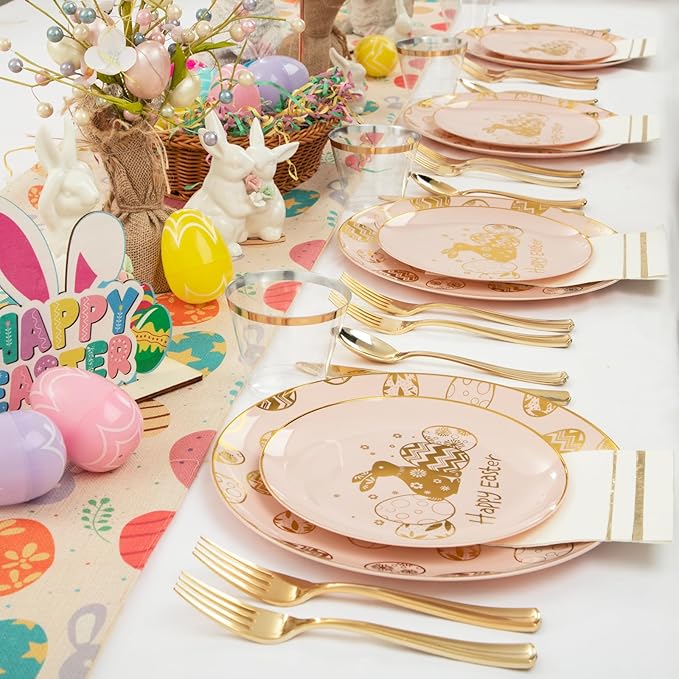 GATHER 175Pcs Easter Plates with Gold Bunny - Pink Plastic Plates Dinnerware Includes 25 Easter Egg Plates and 25 Dessert Plate, 25 Silverware, 25Cups, 25 Napkins, Perfect for Easter Party