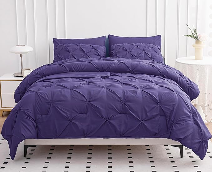 LANE LINEN Twin XL Comforter Set – 5 Piece Bed in a Bag – Pinch Pleated Twin XL Size Bedding Set with Comforter, Flat Sheet, Fitted Sheet, Pillowcase & Sham – Soft Pintuck Bed Set - Purple