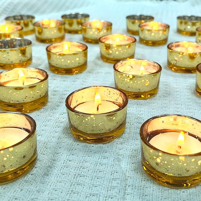 GOLDEAL 30 Pcs Samll Glass Tealight Candle Holders Speckled Gold Glass-Tea Candle Holders Bulk-Perfect for Weddings, Parties, Dinners - Ideal for 1.5" Standard Tealights and Candle Moulds…