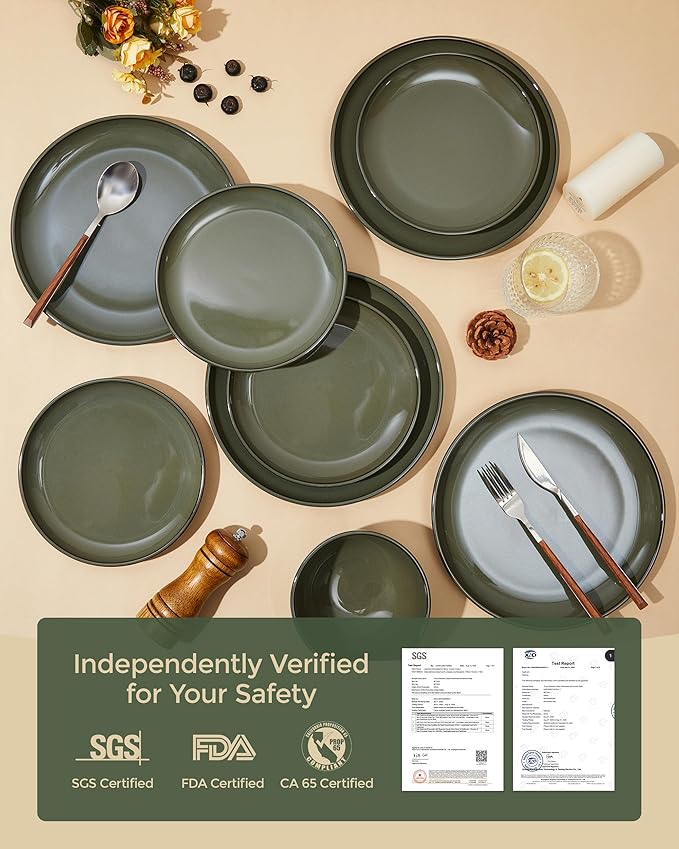 18 Piece Dinnerware Set for 6, Reactive Glaze Terracotta Plates and Bowls Set, Large Family-Sized Stoneware Dish Set for Gatherings, Chip and Scratch Resistant, Blackish Green