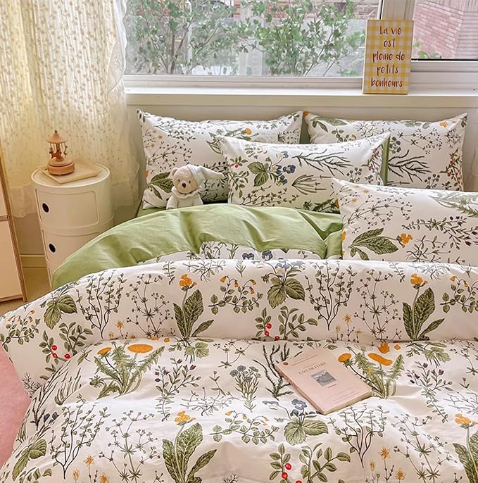KAREVER Botanical Comforter Set King White and Sage Green Floral Plant Bedding Set Women Reversible Blanket 3 PCs Girls Breathable White Floral Bed Comforter Set