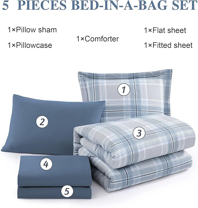 MaiRêve Plaid Twin XL Comforter Set, Light Blue Grid Bedding Set for Boys & Girls, Classic Checkered Bed in A Bag Comforter Sets with Fitted & Flat Sheet, Pillowcase & Sham(Light Blue, 66"x90")