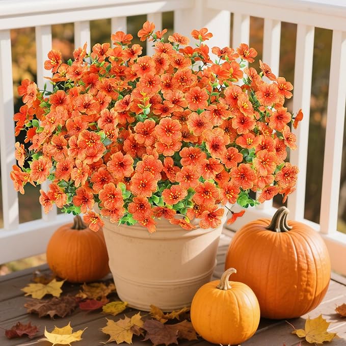 AGIRL 16 Bundles Artificial Fall Flowers Outdoor Indoor Decoration,No Fade Autumn Fake Plastic Plants with Eucalyptus Leaves,Faux Mums for Thanksgiving Garden Front Door Porch Patio Fall Decor