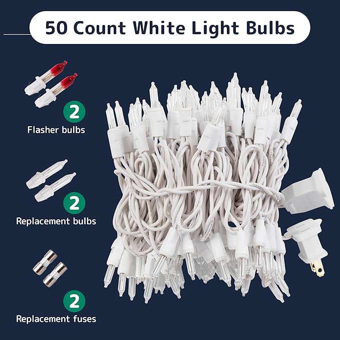 PREXTEX 10 Ft String Lights with Christmas Tree Light Warm White - Indoor/Outdoor Decor - Xmas Lights for Holidays, 50 Twinkle LED Lighting on White Wire - Multi-Strand Connectable