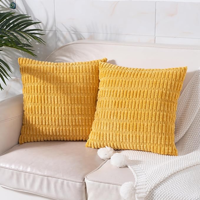 Mustard Yellow Corduroy Decorative Throw Pillow Covers 20x20 Inch Set of 2 Soft Striped Boho Couch Pillow Covers Spring Modern Farmhouse Home Decor for Sofa Neutral Living Room Bed