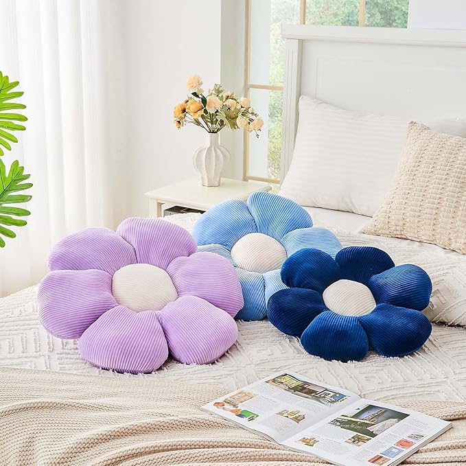 Dusty Blue Flower Pillow, 19.6" Cute Flower Shaped Floor Pillow, Aesthetic Floral Plush Daisy Decorative Throw Pillows for Bed Sofa Couch