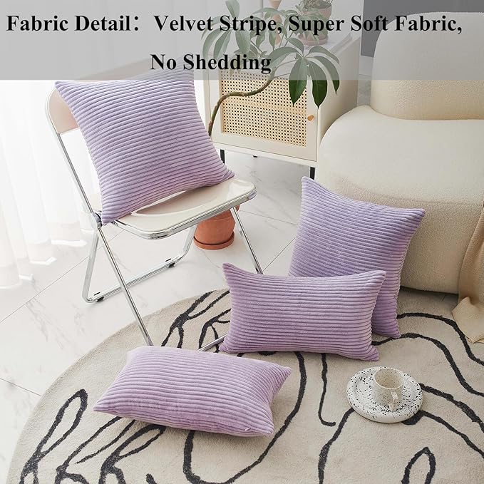Home Brilliant Decorative Throw Pillow Cover 20 x 20 Soft Corduroy Pillow Cover Velvet Striped Pillow Cover for Sofa Couch Chair Car Light Purple, 20x20 inch (50cm), Lavender