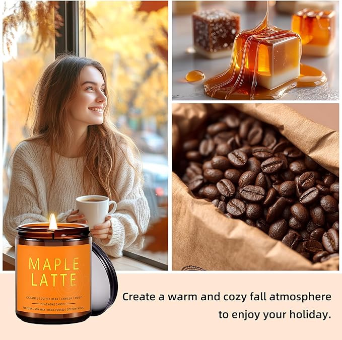 Fall Scented Candles Maple Latte 7oz – Sweet Maple Syrup & Creamy Coffee Soy Wax Candle for Cozy Autumn Home Décor, Perfect Fall Gift for Coffee Lovers, 50 Hour Long Burn