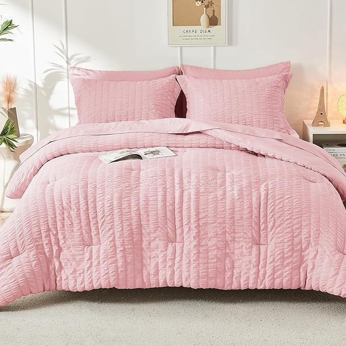 HYMOKEGE Pink Twin Comforter Set Seersucker 5 Pieces, All Season Luxury Bed in a Bag for Bedroom, Bedding Set with Comforters, Sheets, Pillowcase & Sham