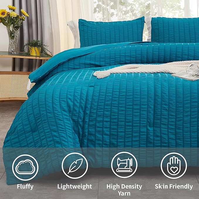 AveLom Teal Seersucker California King Comforter Set (104x96 inches), 3 Pieces-100% Soft Washed Microfiber Lightweight Comforter with 2 Pillowcases, All Season Down Alternative Bedding Set
