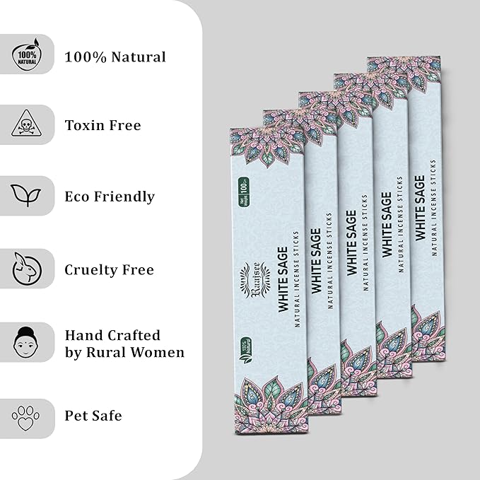 Raajsee White Sage Incense Sticks (180 gm), 100% Pure Organic Natural Hand Rolled Free from Chemicals - Perfect for Aromatherapy, Cleansing, Meditation, and Church (Pack of 12)