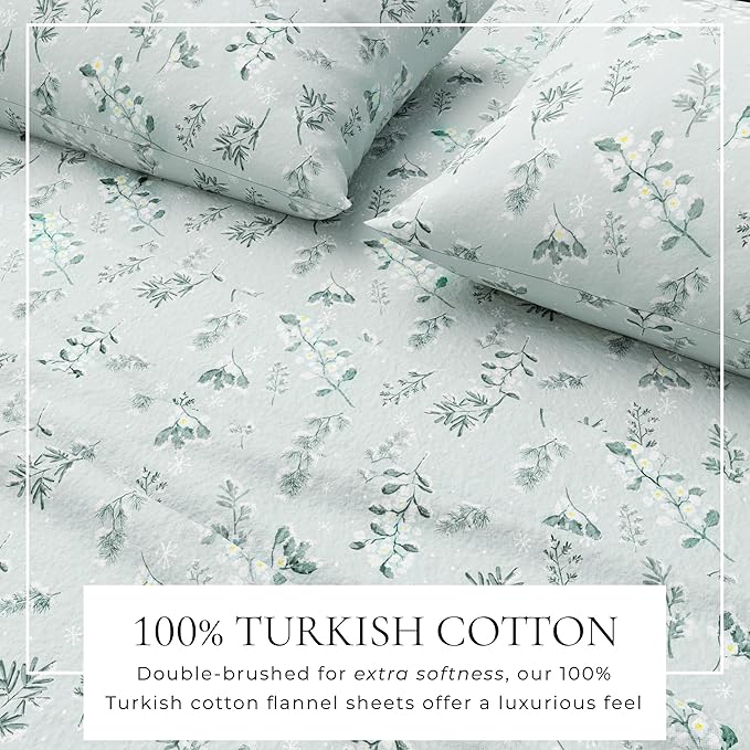 Great Bay Home Flannel Sheet Set Full Size - 100% Turkish Cotton, Double-Brushed, Winter Floral Bed Sheets - Ultra-Soft, Cozy, 4-Piece Bedding Set (Snowy Botanical)