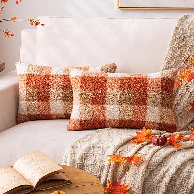 Orange Plaid Fall Throw Pillow Covers 12x20 Inch Set of 2, Boucle Decorative Pillow Covers,Cozy Fluffy Home Living Room Farmhouse Decor for Sofa Couch Bed
