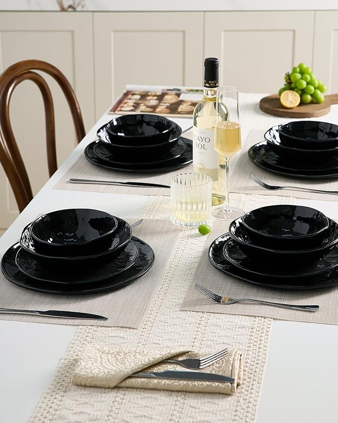 Famiware Porcelain kitchen plates and bowls set, Modern dishes set for 4, Handmade Wave Edge Dinnerware Sets, Microwave and Dishwasher Safe Tableware, Glossy-black (16pc)