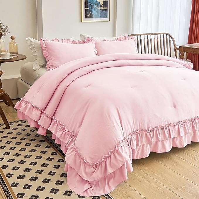 AIKASY Peach Pink Ruffle Comforter King, 3 Pieces Vintage Ruffle Fringe Comforter, Farmhouse Rustic Microfiber Down Alternative Bedding Comforter Set (1 Comforter + 2 Pillow Shams)