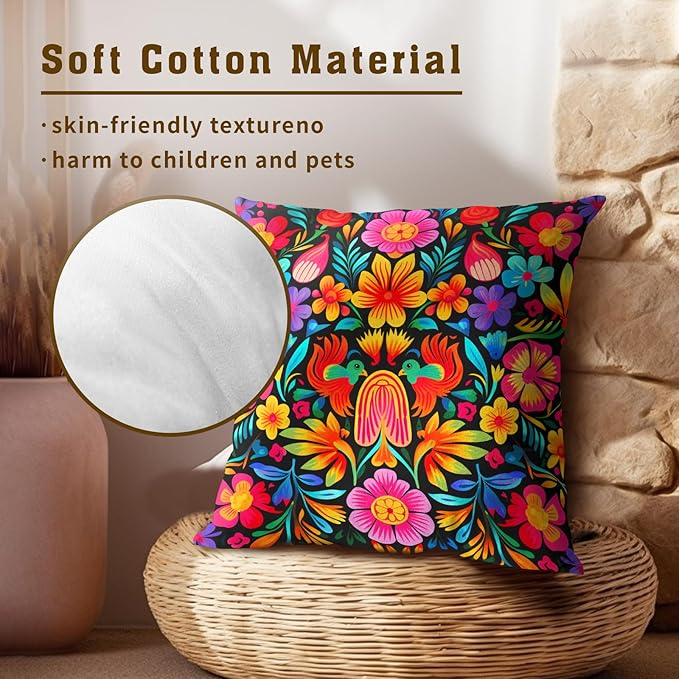 Mexican Throw Pillow Covers 22x22 - Mexico Pillow Cover Colorful Flowers Pillowcase Set of 2 Floral Birds Cushion Cover for Bedroom Home