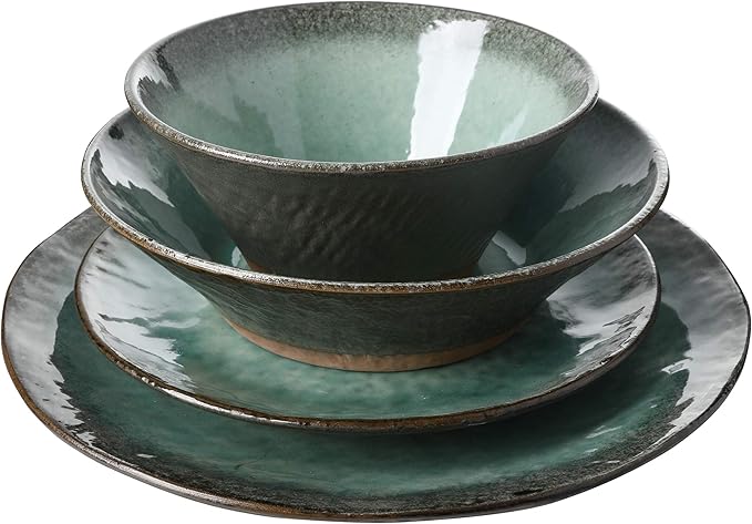 Gibson Elite Green Lantern Service for 4 (16 Piece) Double Bowl Dinnerware Set, Teal, Soft Gray, Dinnerware Set