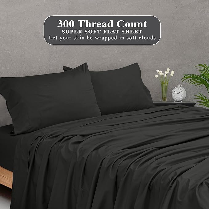 Royale Linens 300 Thread Count 100% Long Staple Combed Cotton Flat Sheet - Super Soft - Top Sheets - Full Flat Sheet Sold Separately - Breathable, Cool & Crisp Percale Sheets Only (Twin XL, Black)