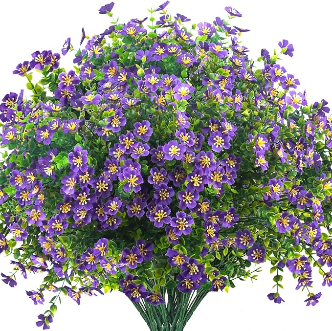 Outdoor Artificial Flowers UV Resistant & Fade Proof, 12 Pack Realistic Fake Flowers for Garden, Patio, Lawn Decor - Weatherproof Plastic Plants (Purple)